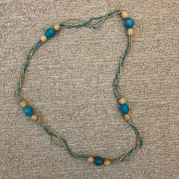 Boho beige & turquoise wood bead pullover necklace - Picture 7 of 7